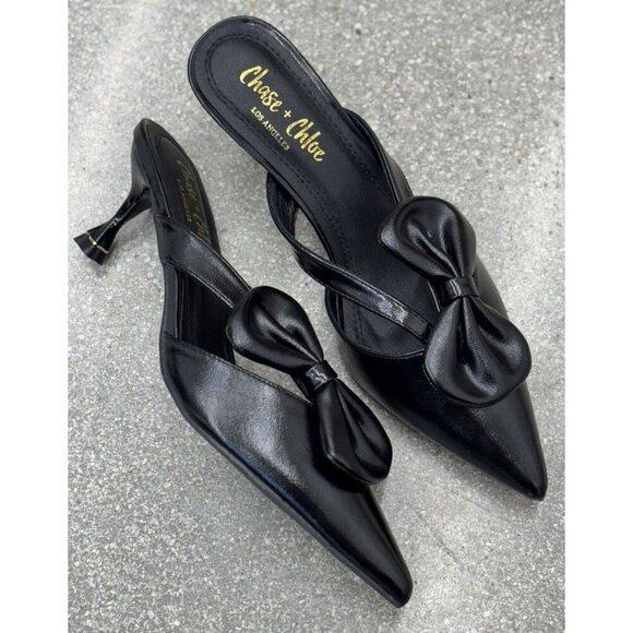 CHASE + CHLOE / Idra-3 / Pointed Toe Kitten / Mules With Bow Black / Size 9 - Picture 6 of 8